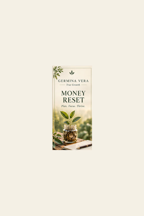 Germina Vera Money Reset cover with approved sprout logo, standardized 2:3 size